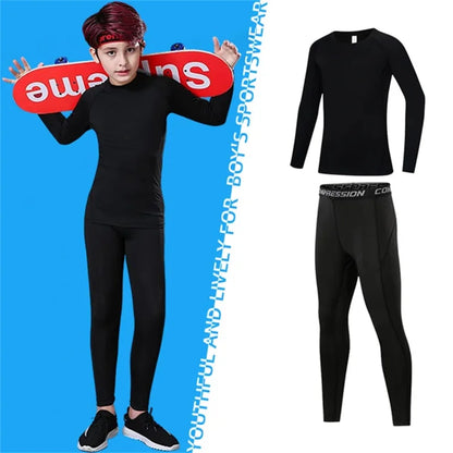 Kids Fitness Tracksuits Youth Warm Compression Pants and Tops Sportswear for Boys Running Basketball - green