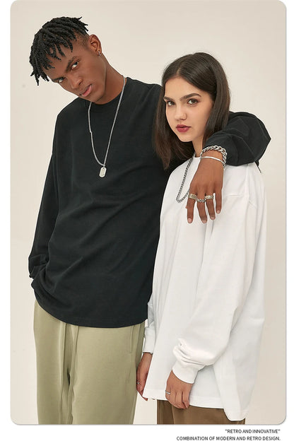 ZODF New 2025 Autumn Men 305gsm 100% Cotton T Shirt Unisex Loose Heavy Weight Basic Long Sleeve Solid T-Shirts Tops HY0634