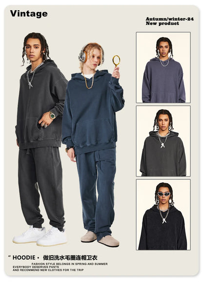 ZODF Retro Autumn Winter Washed Cotton Hoodies Unisex Loose 380gsm Knitted Sport Hooded Pullovers Brand Clothes HY0884