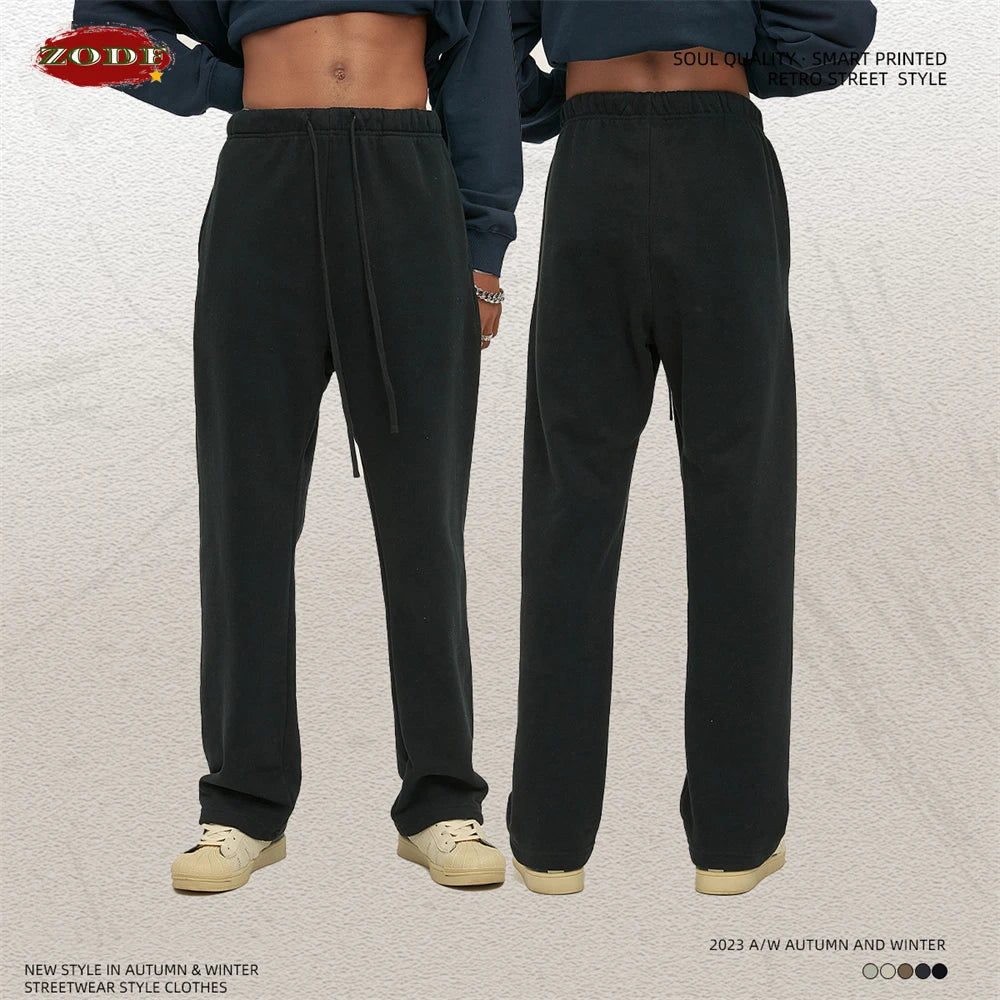 ZODF Fashion 2024 Men Loose Straight Pants Unisex 365gsm Retro Comfortable Sport Solid Drawstring Trousers HY0588
