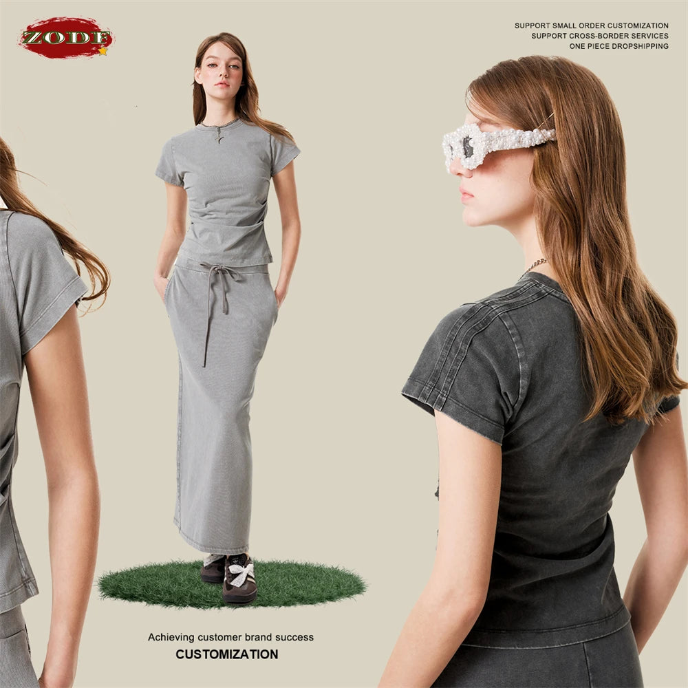 ZODF Retro 2025 Summer Women 285gsm T-Shirts Hotsweet Girls Sexy Slim Fit Washed Distressed T Shirt Brand Tees HY1013