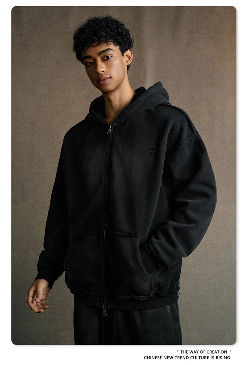 ZODF Retro Winter Men 400gsm Monkey Washed Zipper Hoodie Unisex High Street Loose Edge Ripped Distressed Hooded Pullovers HY1117