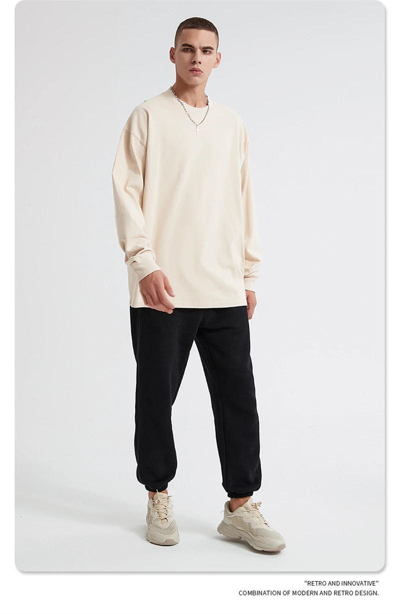 ZODF Retro Autumn Full Sleeve Washed 100% Cotton T-Shirts For Men Unisex Solid Casual Loose 310gsm Tee Brand Tops HY0405