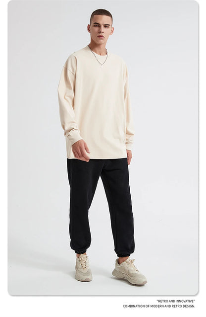 ZODF Retro Autumn Full Sleeve Washed 100% Cotton T-Shirts For Men Unisex Solid Casual Loose 310gsm Tee Brand Tops HY0405