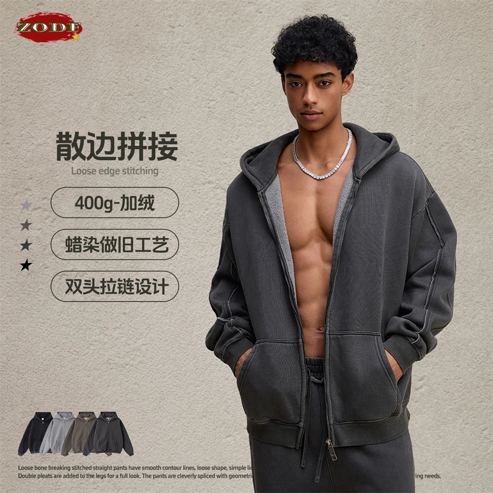 ZODF Retro 2025 Autumn Winter Unisex Zipper Fleece Hoodie 400gsm Washed Batik Warm Hooded Coat HY1084