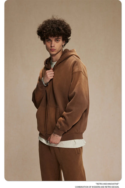 ZODF Retro Winter Men Spray-Dyed Zipper Hoodies Unisex Loose 360gsm Zipper Fleece Hooded Sweatshirt Pullovers Coats HY0719