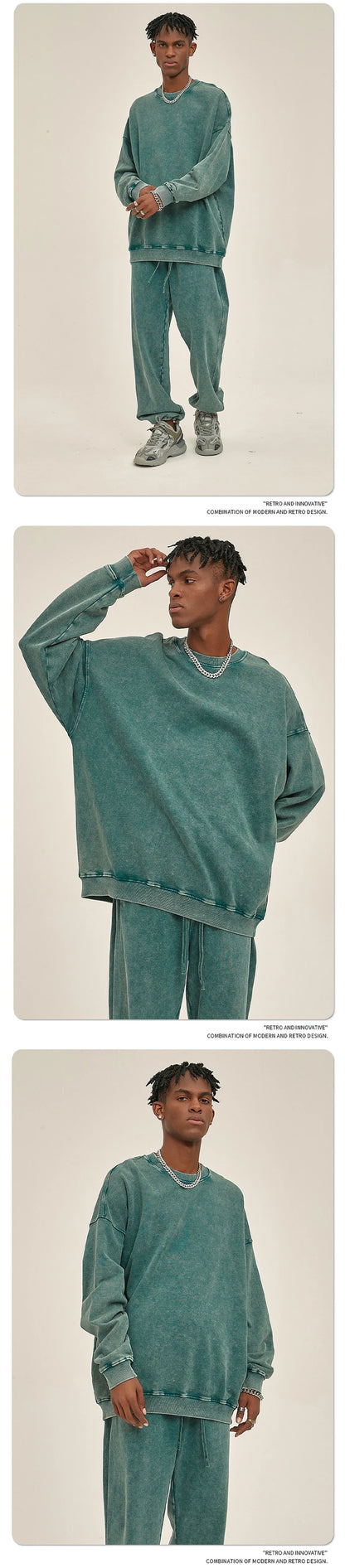 ZODF Retro Autumn Men Batik Washed Cotton Sweatshirts Unisex Loose 420gsm Terry O Neck Pullovers Streetwears HY0665