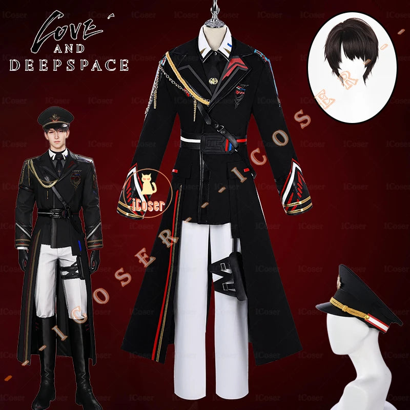 iCoser Love and Deepspace Caleb Cosplay Costume Wig Farspace Colonel Uniform Cap Coat Halloween Party Women Men Carnival Props