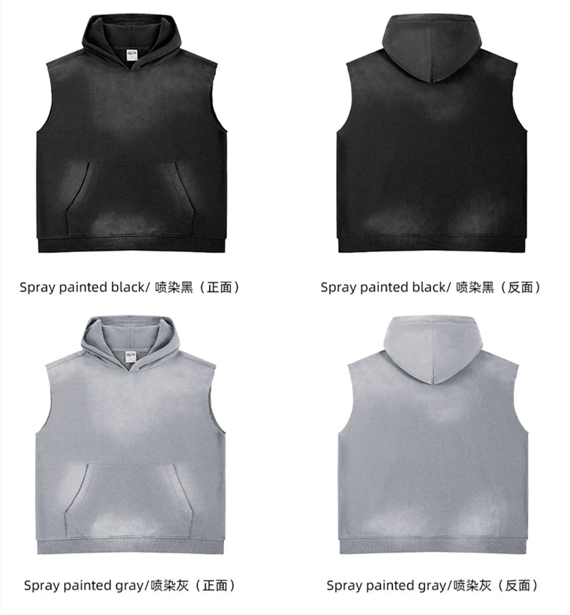 ZODF Summer Autumn Man Washed Sleeveless Hoodies For Men Unisex Loose Edge Distressed 380gsm Cotton Hooded Pullovers HY1097