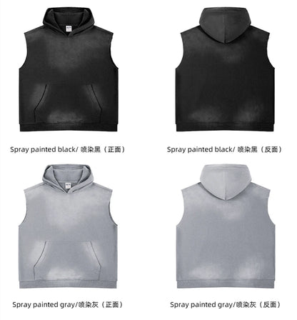 ZODF Summer Autumn Man Washed Sleeveless Hoodies For Men Unisex Loose Edge Distressed 380gsm Cotton Hooded Pullovers HY1097