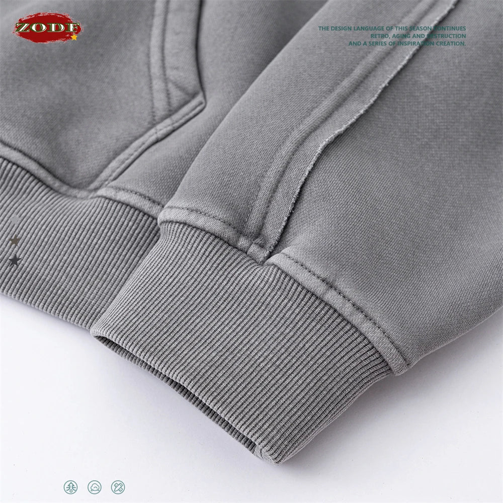 ZODF Retro 2025 Autumn Winter Unisex Zipper Fleece Hoodie 400gsm Washed Batik Warm Hooded Coat HY1084