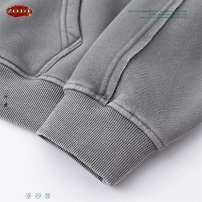 ZODF Retro 2025 Autumn Winter Unisex Zipper Fleece Hoodie 400gsm Washed Batik Warm Hooded Coat HY1084
