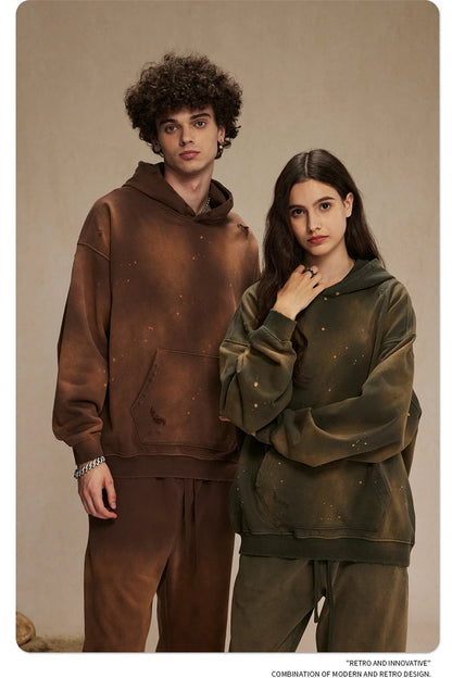 ZODF Autumn Winter Spray Dyeing Ink Splashing Hoodies For Men Unisex 450gsm Washed Oversized Knitted Hooded Pullovers HY0908