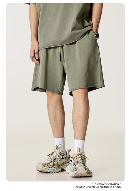 ZODF Retro Summer Washed 370gsm Cotton Shorts For Men Unisex High Street Loose Edge Distressed Solid Shorts Brand Clothes HY1023