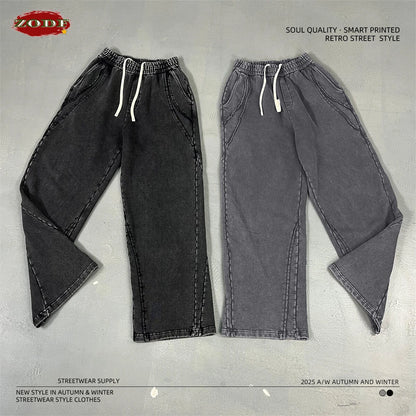 ZODF Retro 2025 Autumn Man Washed Cotton Straight Pants Unisex 430gsm Distressed Patchwork Oversized Trousers Sweatpants HY1168