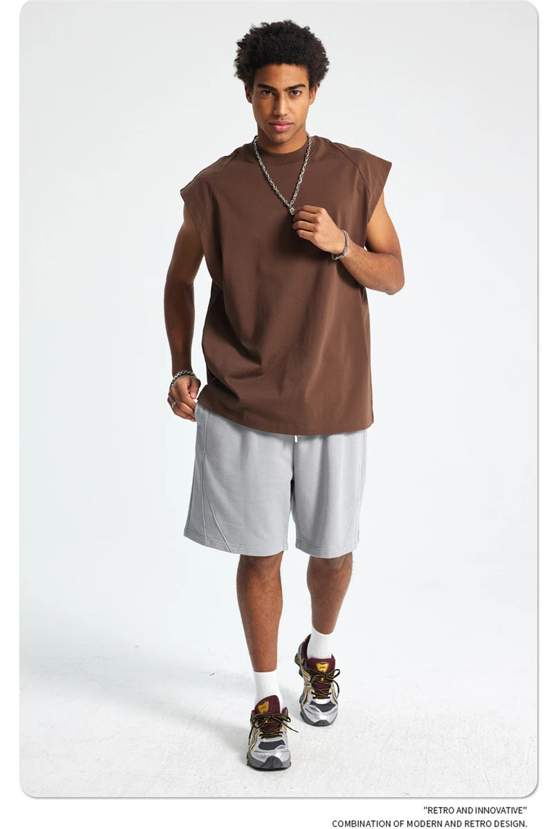 ZODF Trendy Men Summer Solid Cotton Tank Tops Unisex Oversized 275gsm Patchwork Sleeveless Tees Vests HY1051