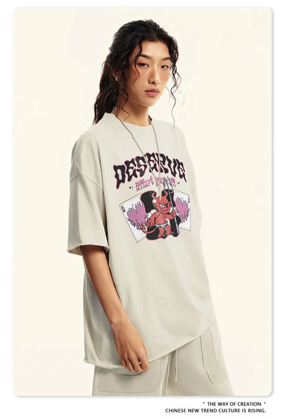 ZODF America Retro Summer 100% Cotton T-Shirts For Men Unisex Washed 310gsm Comfortable High Street Printing T Shirt Tops HY0862