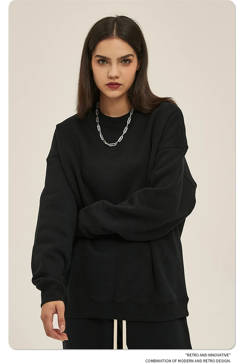 ZODF New 2025 Winter 350gsm Fleece Sweatshirts For Men Unisex Casual Loose Basic Solid O-Neck Thick Warm Pullovers HY0635