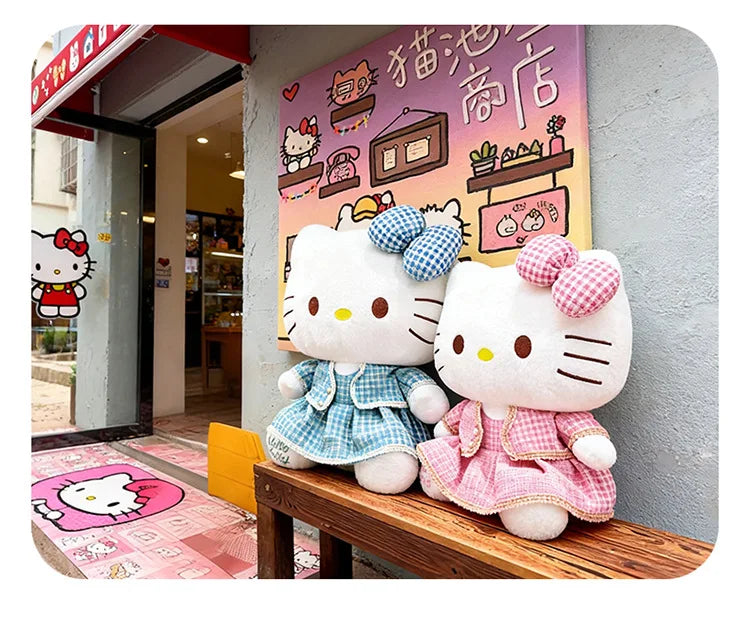 Sanrio Plush Cat Stuffed Animal Doll Large Checkered Skirt Kawaii Pillow Toy for Kids Birthday Christmas Gift for Girls Bedtime