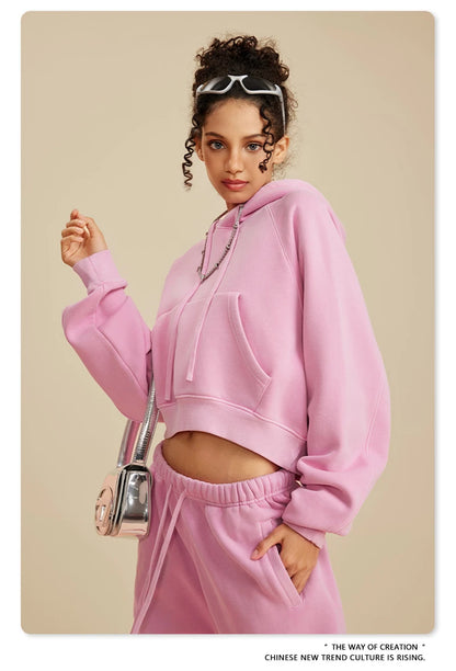 ZODF Women Hotsweet 2025 Winter Washed Fleece Crop Hoodies Girls Oversized Raglan Sleeve 400gsm Hooded Pullovers HY0648