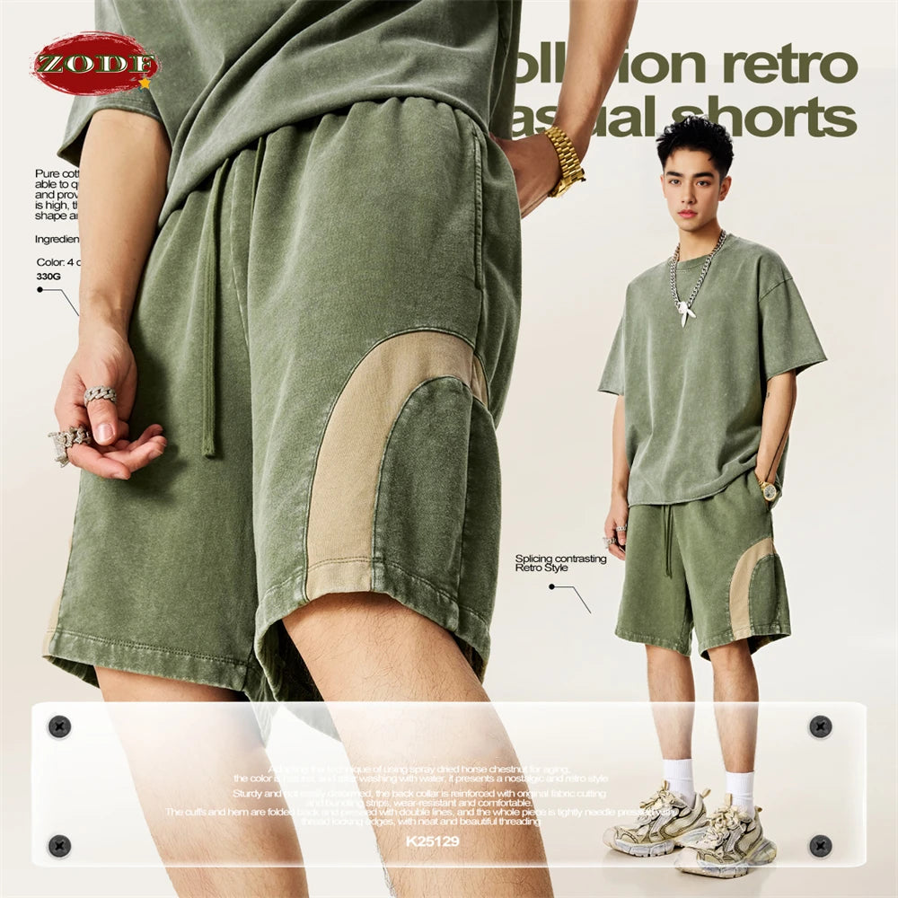 ZODF 2025 Summer Patchwork Washed Cotton Shorts For Men Unisex Retro Y2K High Street Distressed 330gsm Shorts Streetwears HY1057