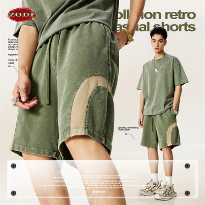 ZODF 2025 Summer Patchwork Washed Cotton Shorts For Men Unisex Retro Y2K High Street Distressed 330gsm Shorts Streetwears HY1057