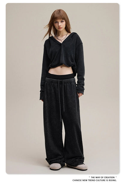 ZODF Retro Women Washed 370gsm Straight Pants Vintage Girls Female Loose Double Waist Wide Leg Cotton Trousers HY1150