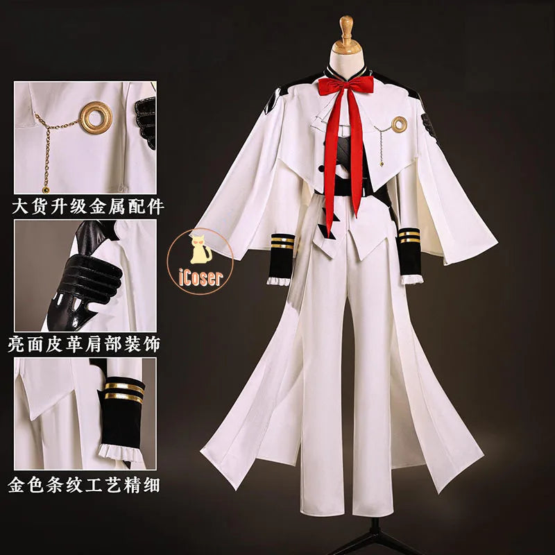 Anime Seraph of The End Ferid Bathory Cosplay Costume Wig White Uniform Cloak Metal Props Halloween Party for Women Men Carnival