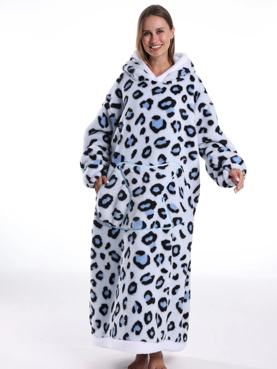 Winter Hoodies Women Men Clothes Blue Leopard Sweatshirt Korean Style Pullover Fleece Giant Oversized Blanket with Long Sleeves