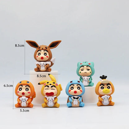 6Pcs/Set Q Version Crayon Shin-chan Anime Figure Shin-chan COS Pokémon Pikachu Action Figure Room Decorations PVC Collection Toy
