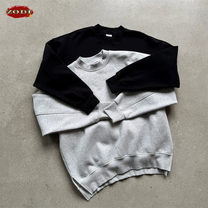 ZODF Fashion Men Winter Side Split Fleece Sweatshirt Winter Unisex Oversized 350gsm O Neck Warm Pullovers Brand Clothing HY0058