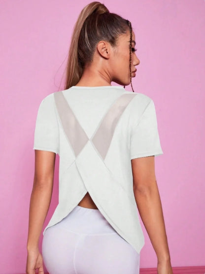 Women’s Summer Yoga T-Shirt Short Sleeve Breathable Quick Dry Mesh Back Fitness Top Loose Fit - White / L