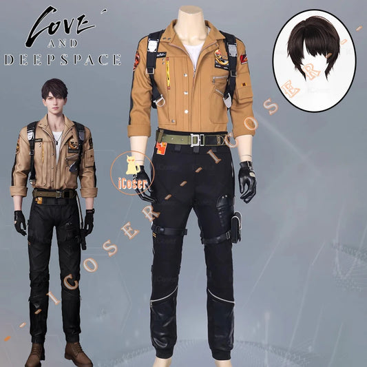 iCoser Love and Deepspace Caleb Cosplay Costume Wig Brown Flying Jacket Supersonic Uniforms Carnival Halloween Party Women Men