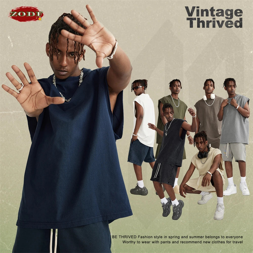 ZODF American Retro Men Washed Solid Tank Tops Women Unisex Loose Edge 275gsm Cotton Sleeveless Tees Brand Streetwears HY0503