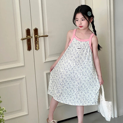 Girl Night Dress Children's Pajamas Sleepwear Teen Girls Nightgown 2 to 12 13 14 Years Blue Floral Summer Sleeveless Cartoon Pjs