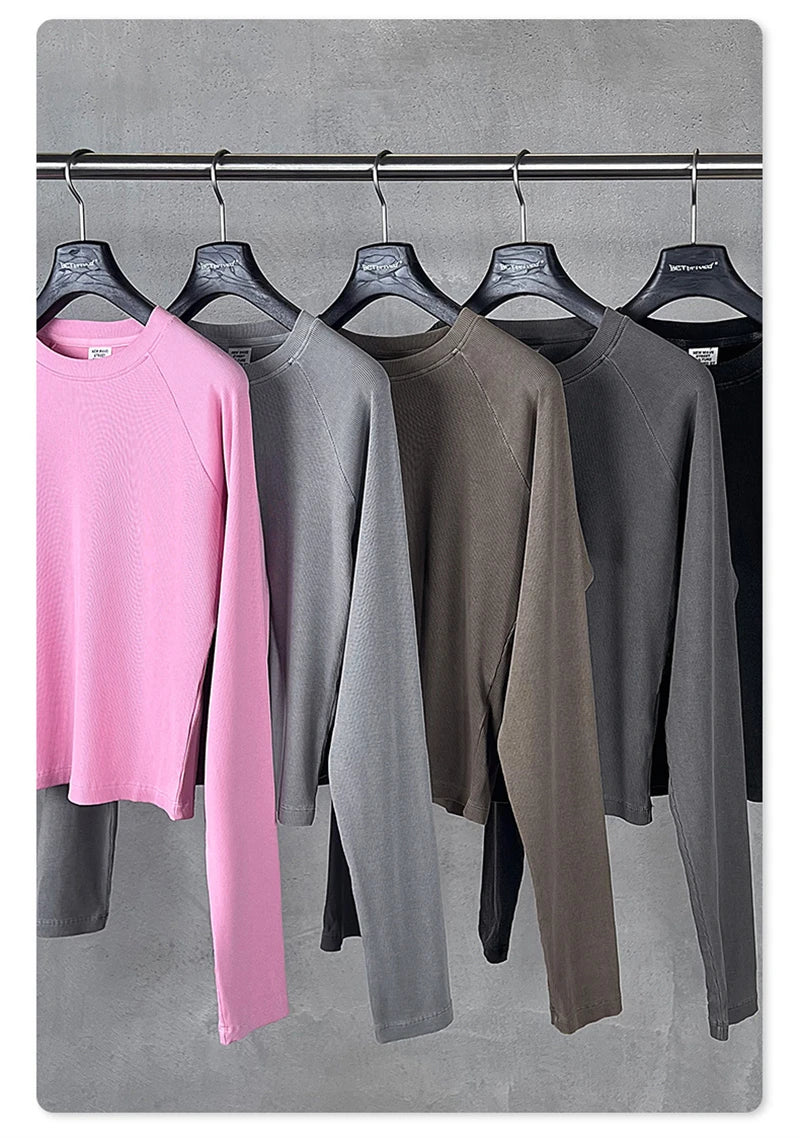 ZODF Sexy Autumn Washed 275gsm Full Sleeve T Shirt For Women Ladies Girls Slim Fit Distressed T-Shirts Tops HY1145