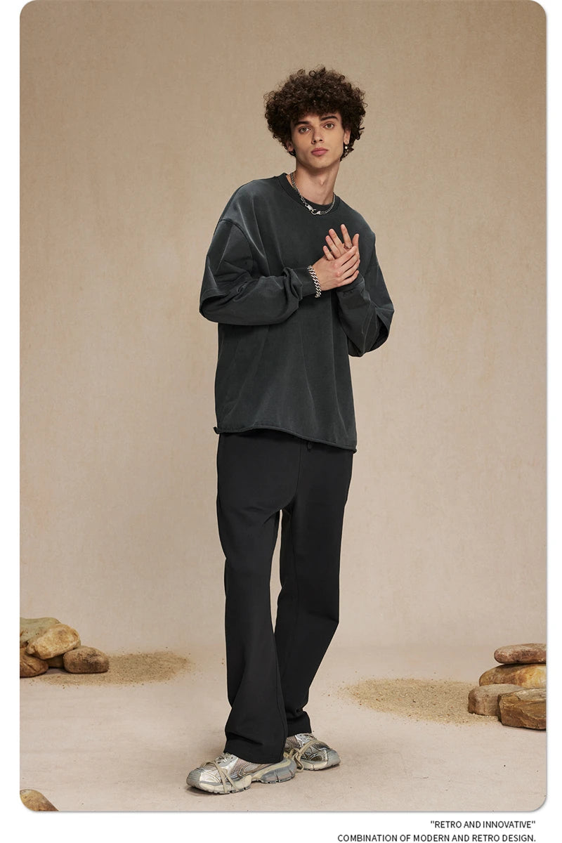 ZODF Retro Autumn Men Washed Cotton T-Shirts Unisex Loose Edge Fake 2-Piece 345gsm Full Sleeve O Neck T Shirt Brand Tops HY0928