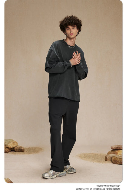 ZODF Retro Autumn Men Washed Cotton T-Shirts Unisex Loose Edge Fake 2-Piece 345gsm Full Sleeve O Neck T Shirt Brand Tops HY0928