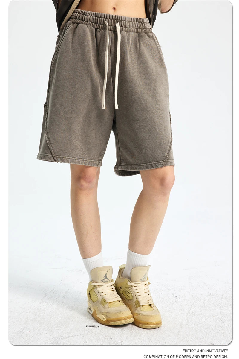 ZODF Retro Men Heavy-Weight Washed 430gsm Shorts Unisex High Street Patchwork Summer Distressed Cotton Shorts HY1035