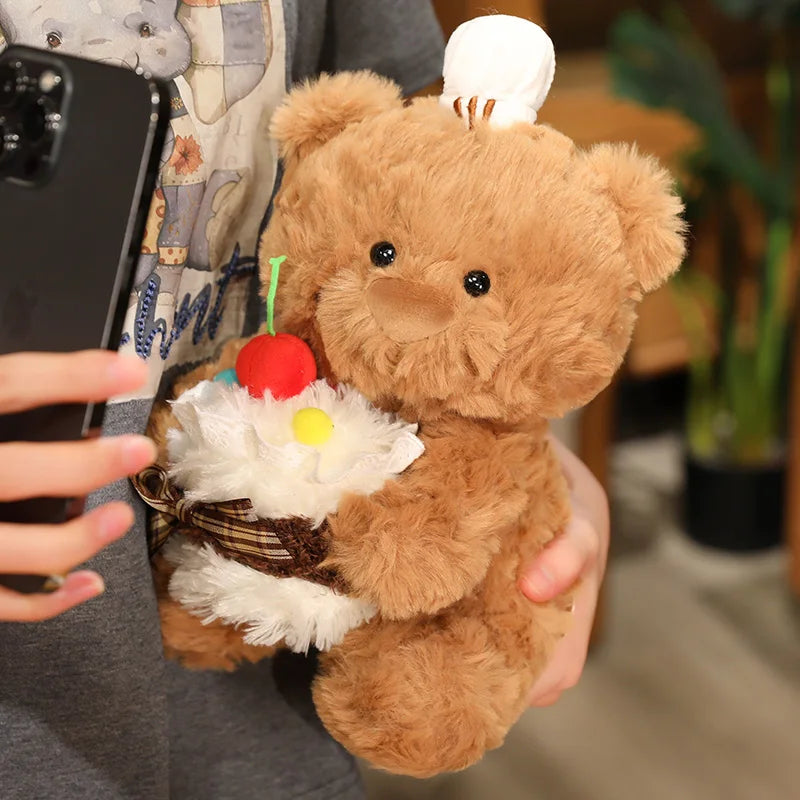 Chef Bear Plush Toy Cute Birthday Cake Bear Soft Stuffed Baby Doll Kids Sleep Pillow Sofa Adorable Cushion Birthday Xmas Gift