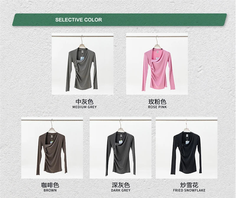 ZODF Retro Sexy Women Autumn Washed 275gsm T Shirt Ladies Girls Distressed Side Pleated Full Sleeve T-Shirts Tees HY1107