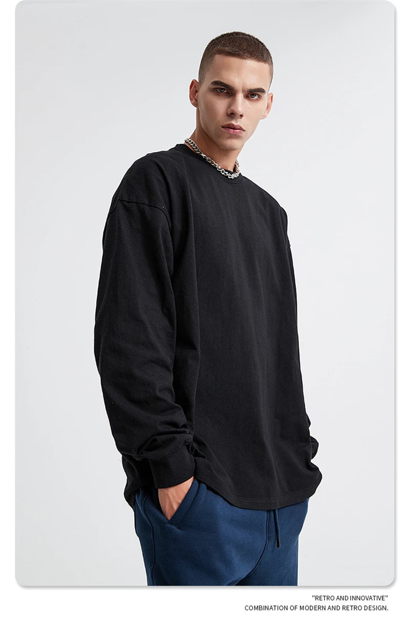 ZODF Retro Autumn Full Sleeve Washed 100% Cotton T-Shirts For Men Unisex Solid Casual Loose 310gsm Tee Brand Tops HY0405