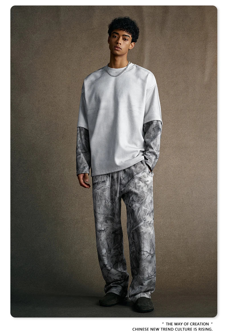 ZODF 2025 Autumn 340gsm Fake 2-Piece T-Shirt For Man Unisex Oversized Heat Transfer Printing Long Sleeve T Shirts Tee HY1151