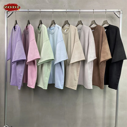 ZODF Spring Summer Men Washed Spray Dyeing T Shirts Unisex Heavy Weight Plush Distressed 360gsm T-Shirt Brand Tops HY0780