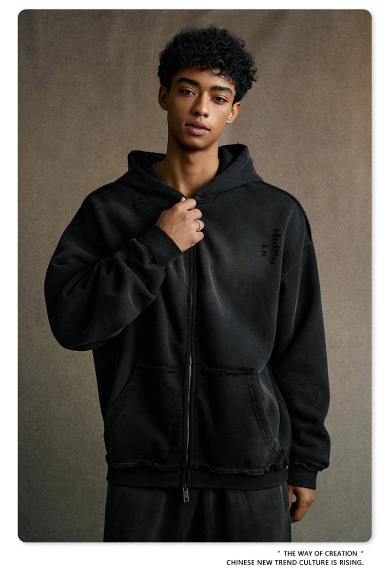 ZODF Retro Winter Men 400gsm Monkey Washed Zipper Hoodie Unisex High Street Loose Edge Ripped Distressed Hooded Pullovers HY1117