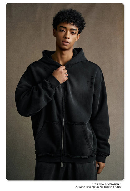ZODF Retro Winter Men 400gsm Monkey Washed Zipper Hoodie Unisex High Street Loose Edge Ripped Distressed Hooded Pullovers HY1117