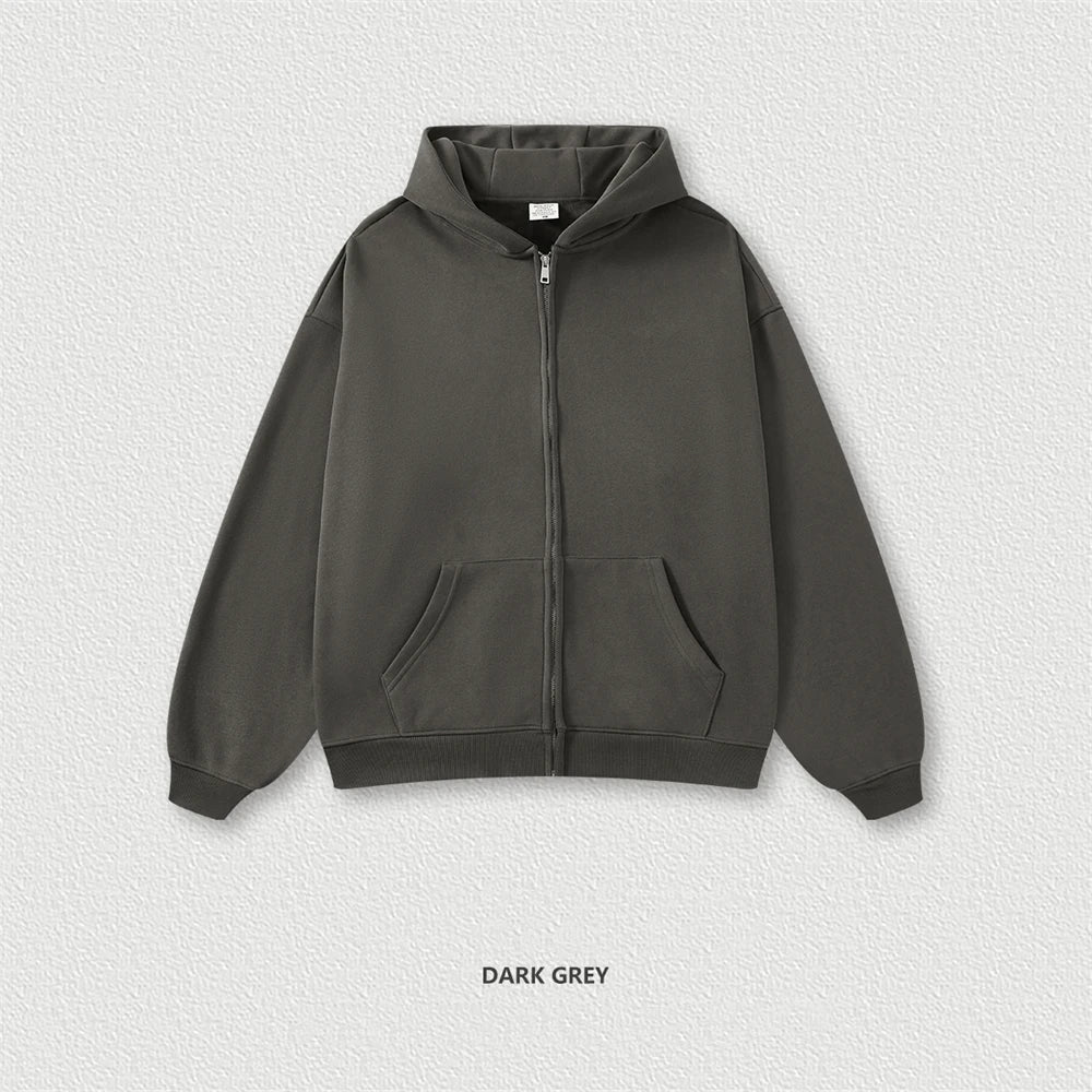 ZODF New Winter Men Zipper Fleece Hoodies Unisex Loose Heavy Weight Thick Warm Basic 420gsm Hooded Coats Hoodie HY0747