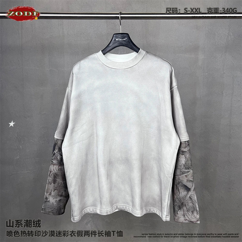 ZODF 2025 Autumn 340gsm Fake 2-Piece T-Shirt For Man Unisex Oversized Heat Transfer Printing Long Sleeve T Shirts Tee HY1151