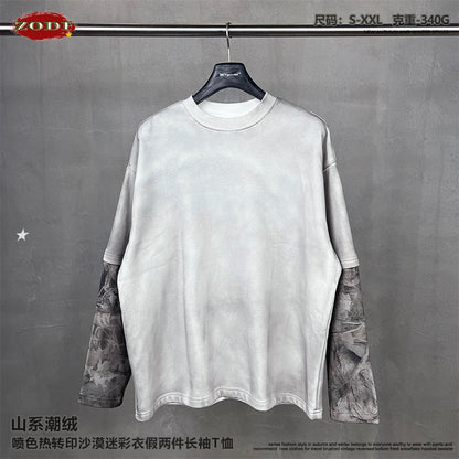 ZODF 2025 Autumn 340gsm Fake 2-Piece T-Shirt For Man Unisex Oversized Heat Transfer Printing Long Sleeve T Shirts Tee HY1151