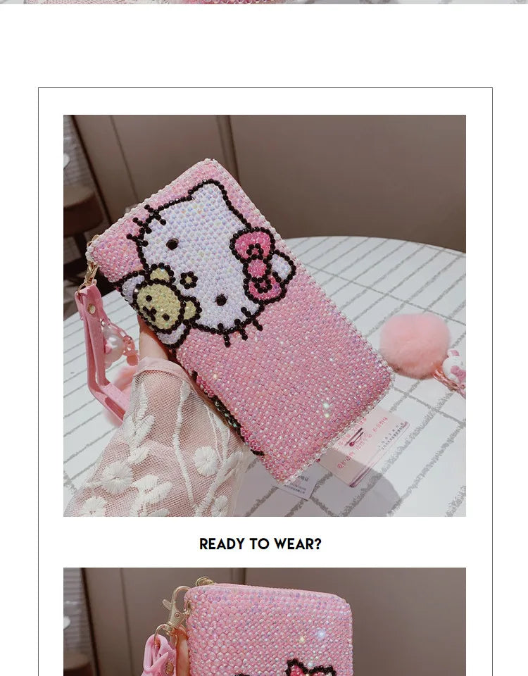 New Sanrio Cute Full Diamond Hello Kitty Wallet Sticker Full Diamond Lady Girl Heart Long Zipper Wallet Mobile Bag